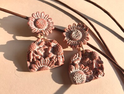 Glazed Terracotta polymer clay floral sunflower earrings, fall earrings, frosted terra cotta, floral textured earrings, modern earrings - image5
